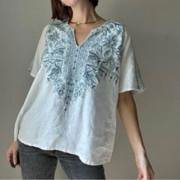 Johnny Was Maike Embroidered Linen Flutter Sleeve Top - Picture 1 of 9